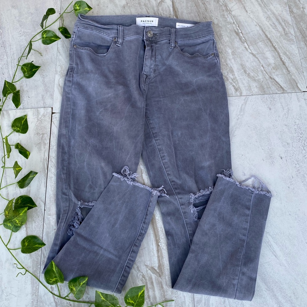 Pacsun Edgy Denim Jean Ankle Jeggings Gray Wash Distressed Ripped Skinny Rise